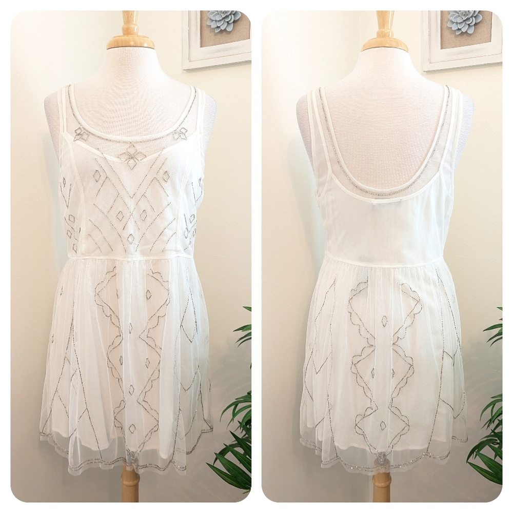 Abercrombie & Fitch Beaded Embellished Scalloped Slip Mini Dress White Large